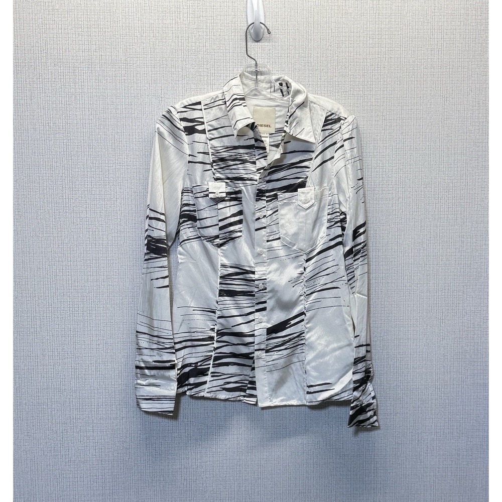 Diesel Button Down Shirt Womens Medium White Black Abstract Print Y2K Grunge Art